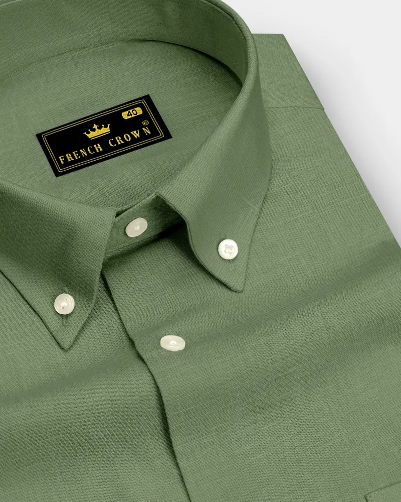 Emerald-Merlin Green Luxurious Linen Button Down Dress Shirt 1