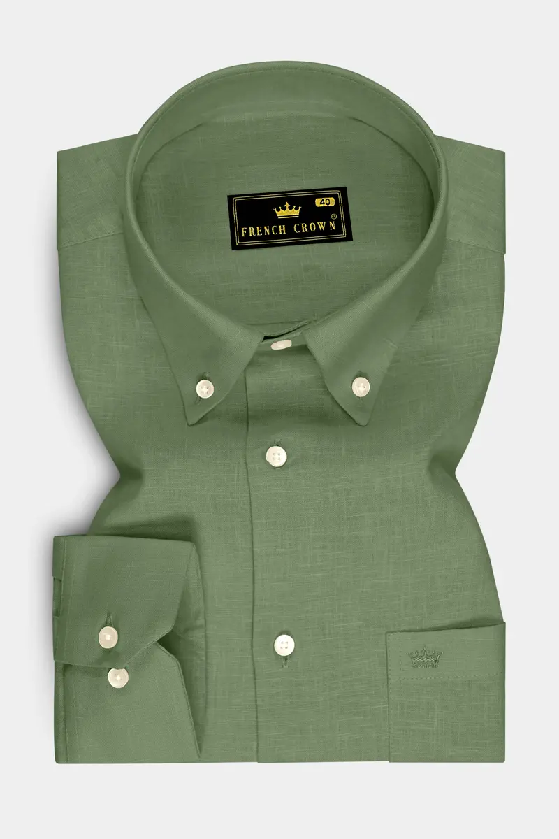 Emerald-Merlin Green Luxurious Linen Button Down Dress Shirt 4