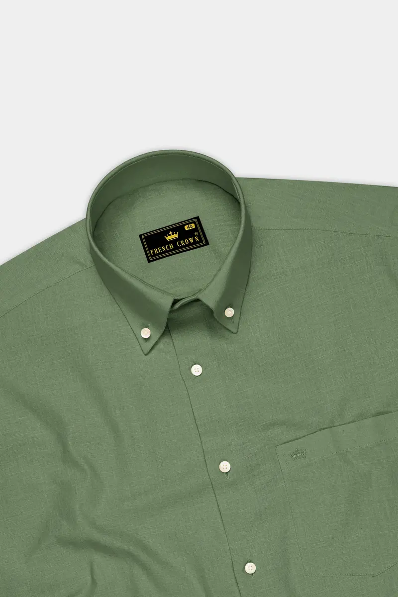 Emerald-Merlin Green Luxurious Linen Button Down Dress Shirt 5