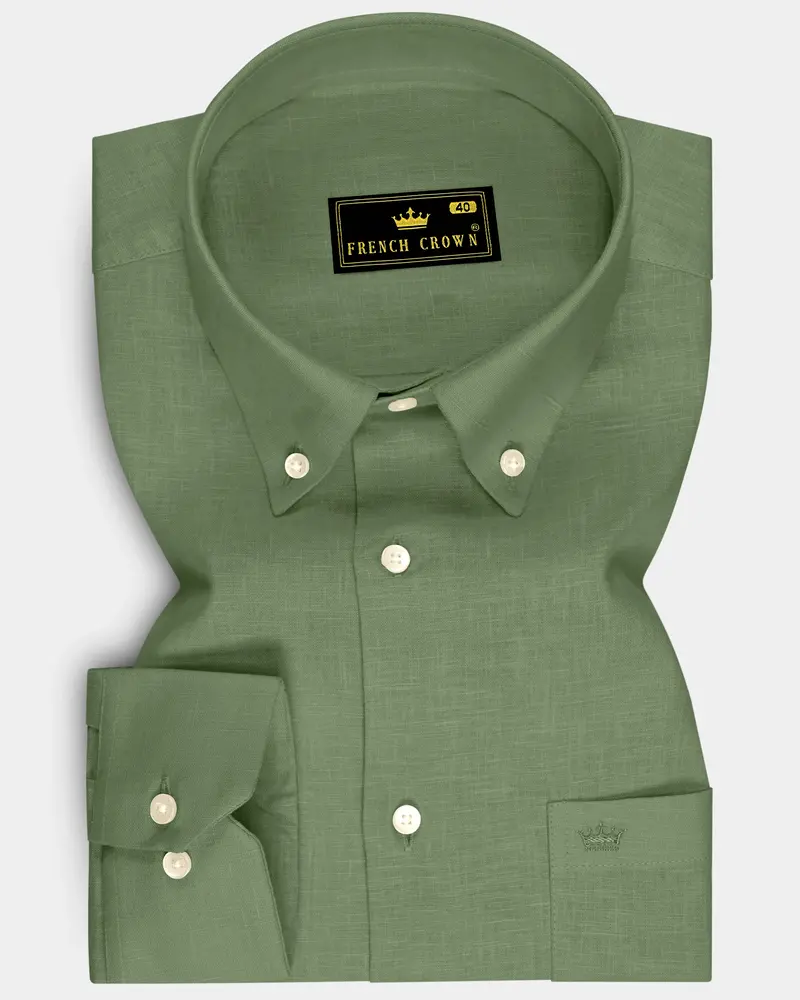 Emerald-Merlin Green Luxurious Linen Button Down Dress Shirt 6