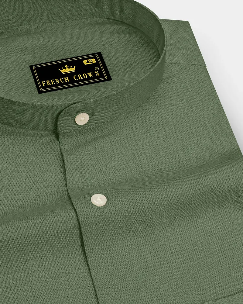 Emerald-Merlin Green Luxurious Linen Mandarin Dress Shirt 1