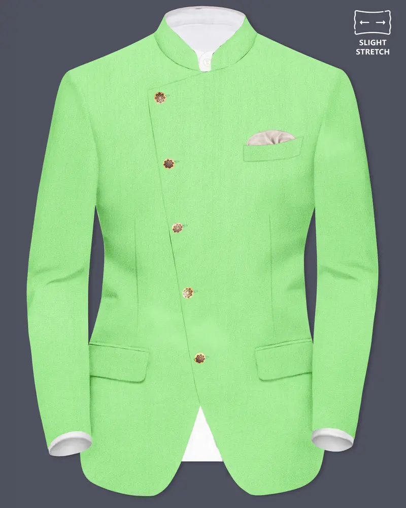 Emerald-Mint Green Solid Wool Rich Cross Placket Bandhgala Slight Stretch Blazer 1