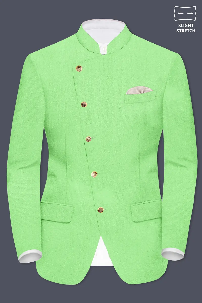 Emerald-Mint Green Solid Wool Rich Cross Placket Bandhgala Slight Stretch Blazer 2