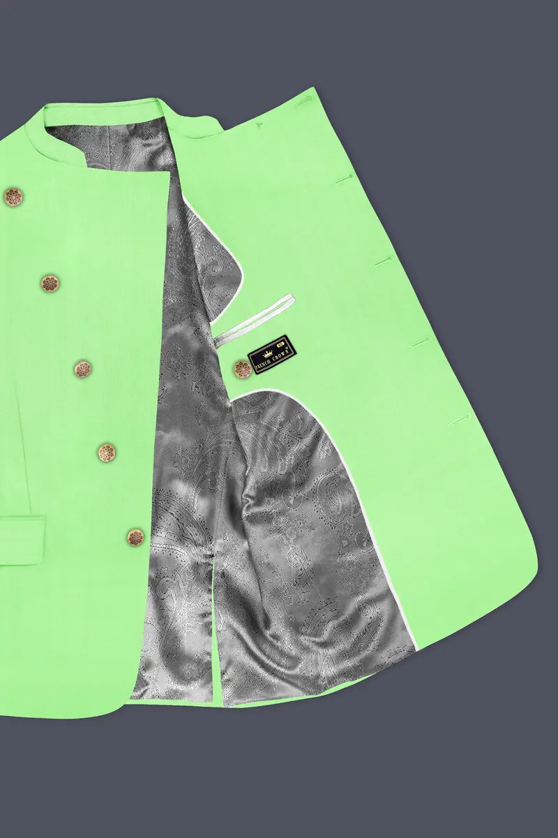 Emerald-Mint Green Solid Wool Rich Cross Placket Bandhgala Slight Stretch Blazer 4