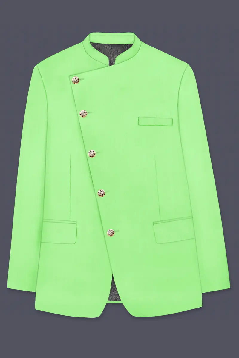 Emerald-Mint Green Solid Wool Rich Cross Placket Bandhgala Slight Stretch Blazer 6