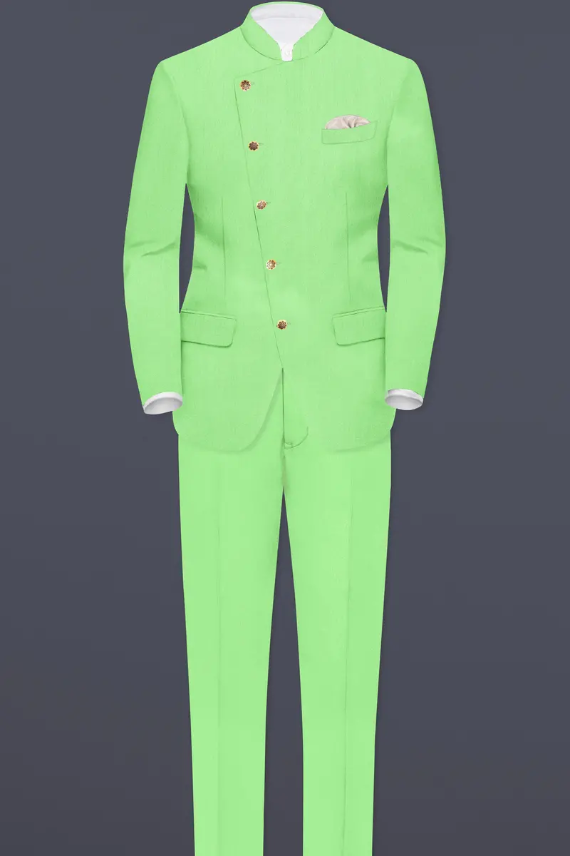 Emerald-Mint Green Solid Wool Rich Cross Placket Bandhgala Slight Stretch Blazer 8