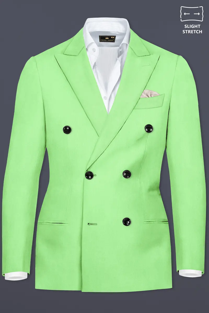 Emerald-Mint Green Solid Wool Rich Double Breasted Slight Stretch Blazer 2