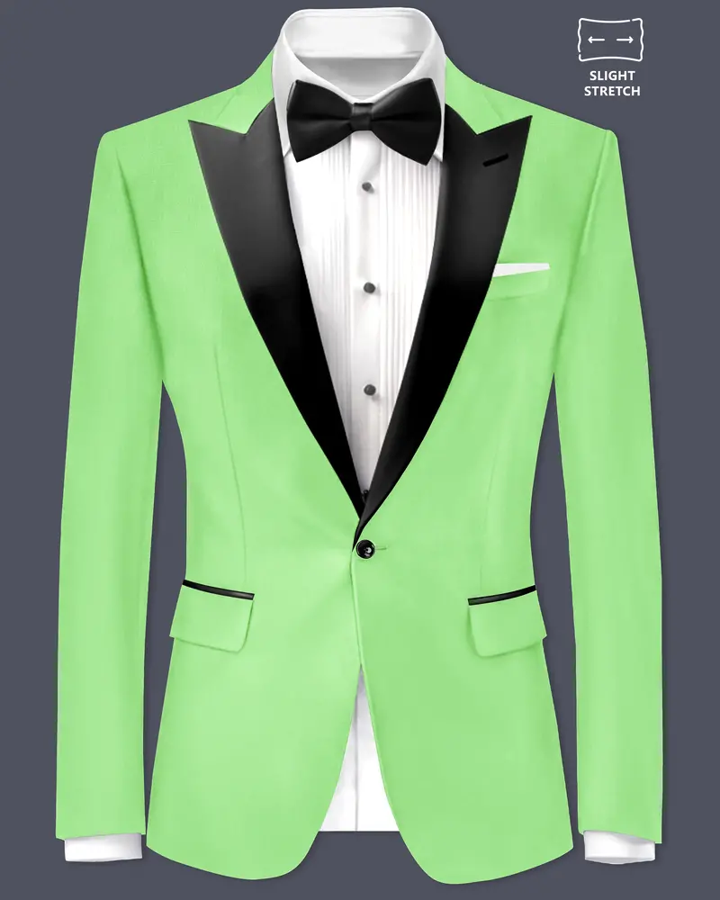 Emerald-Mint Green Solid Wool Rich Peak Lapel Tuxedo Slight Stretch Blazer 1