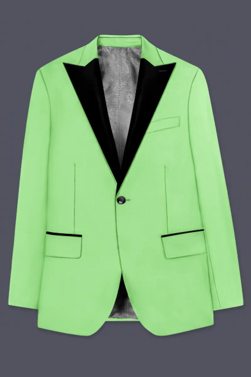 Emerald-Mint Green Solid Wool Rich Peak Lapel Tuxedo Slight Stretch Blazer 7