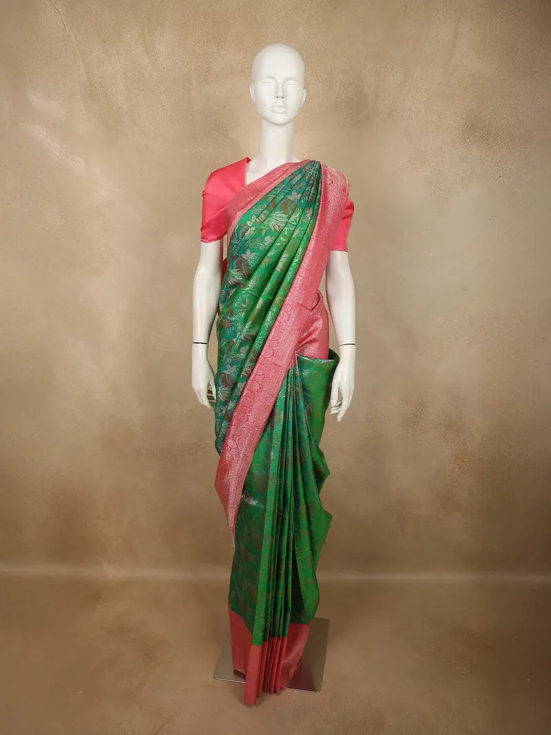 Emerald Parrot Green Floral Zari Woven Design Pure Kanchipuram Silk Saree With Contrast Floral Zari Border 1