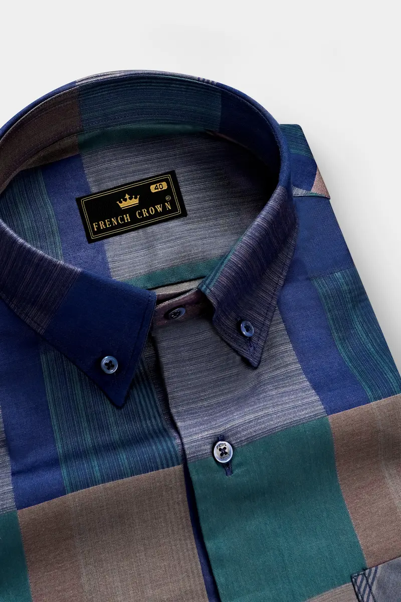 Emerald Sky-Blue And William Green Plaid Jacquard Textured Premium Cotton Dress Shirt 1