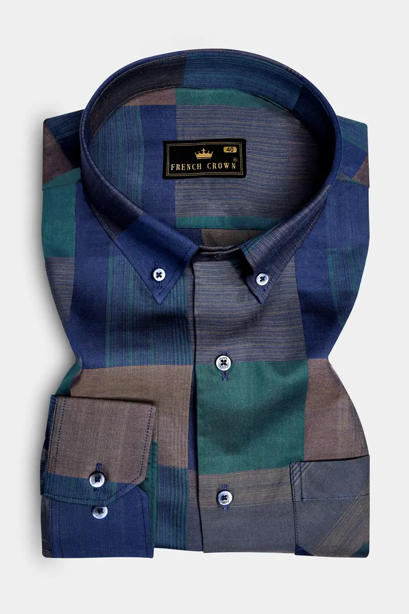 Emerald Sky-Blue And William Green Plaid Jacquard Textured Premium Cotton Dress Shirt 3