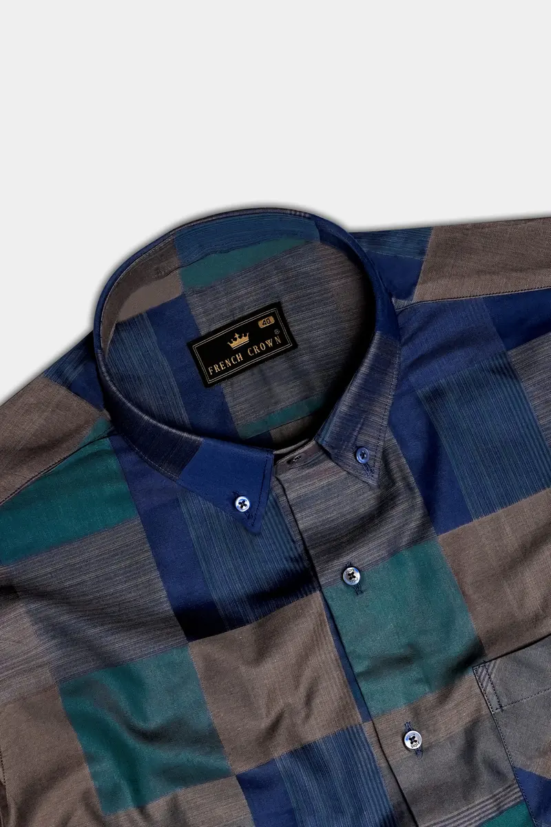 Emerald Sky-Blue And William Green Plaid Jacquard Textured Premium Cotton Dress Shirt 4
