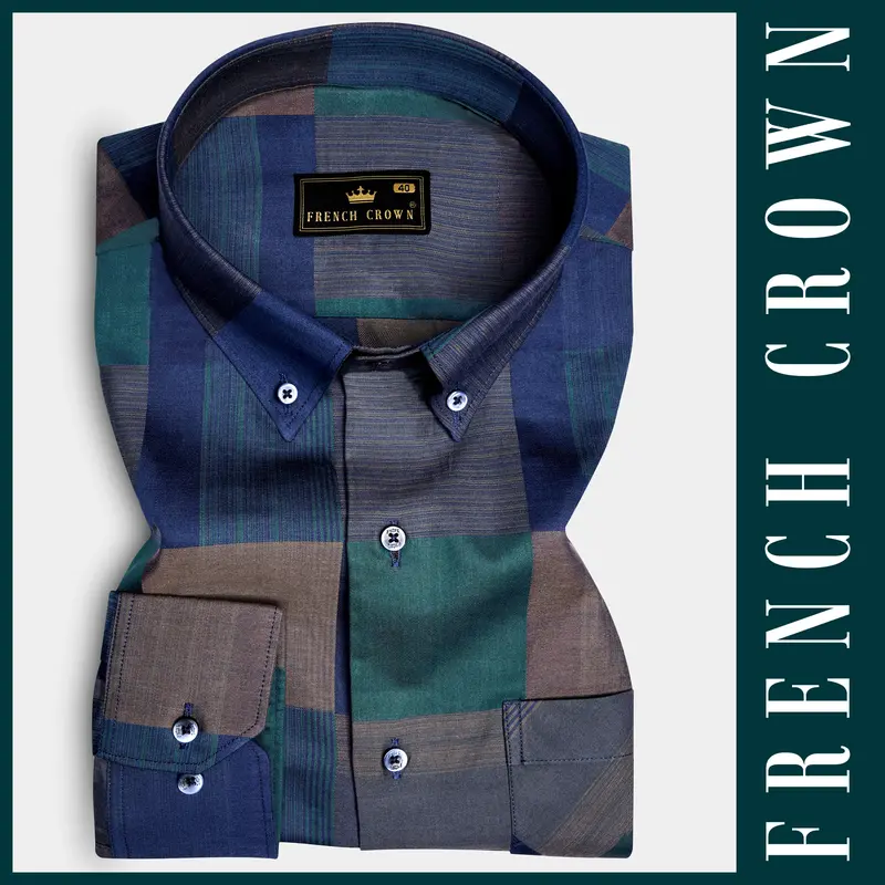 Emerald Sky-Blue And William Green Plaid Jacquard Textured Premium Cotton Dress Shirt 5