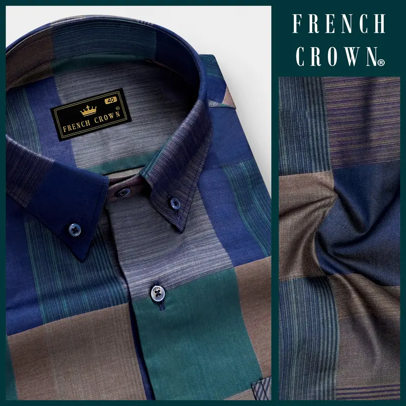 Emerald Sky-Blue And William Green Plaid Jacquard Textured Premium Cotton Dress Shirt 8