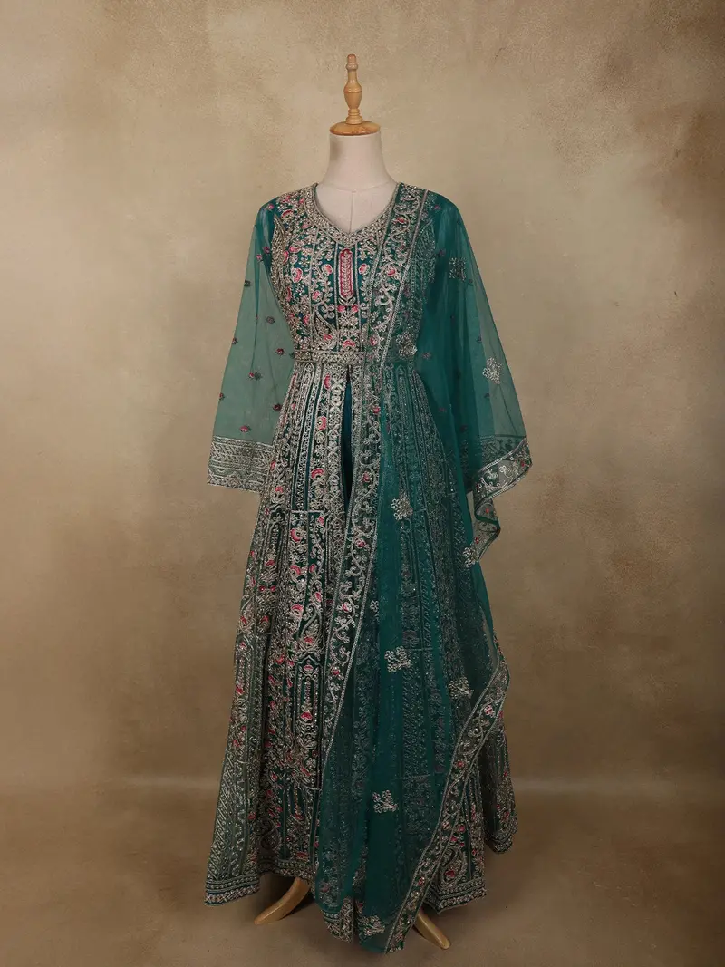 Emerald Teal Green Floral Beads And Zari Embroidered Design Net Mastani Lehenga With Dupatta 1