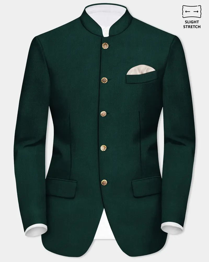 Emerald-Zucchini Green Solid Wool Rich Bandhgala Slight Stretch Blazer 1