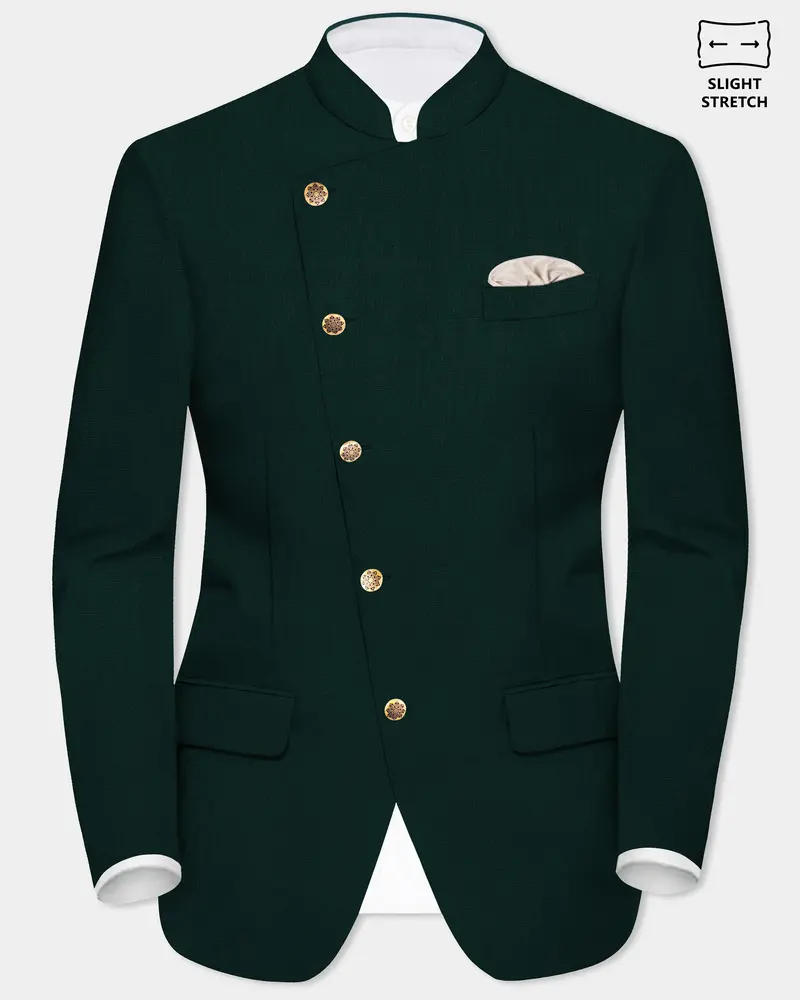 Emerald-Zucchini Green Solid Wool Rich Cross Placket Bandhgala Slight Stretch Blazer 1