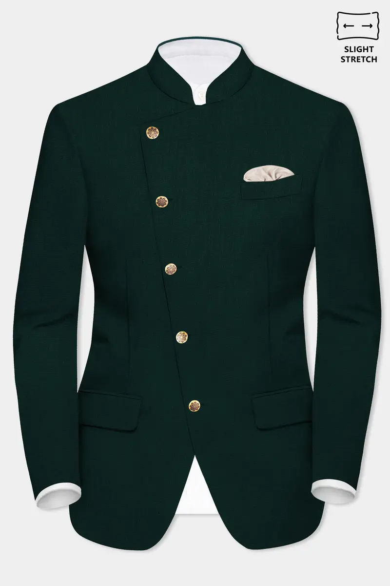 Emerald-Zucchini Green Solid Wool Rich Cross Placket Bandhgala Slight Stretch Blazer 2