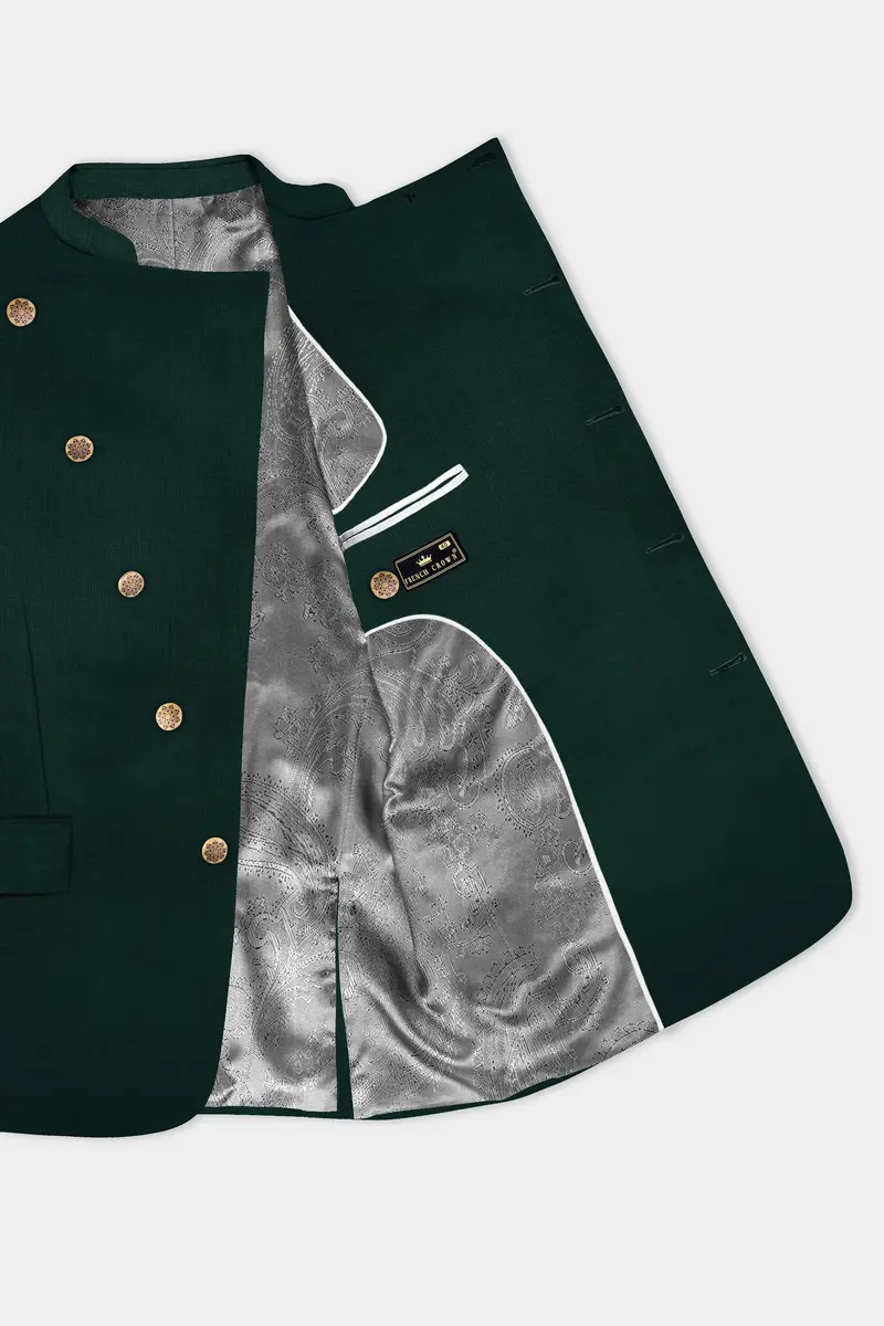 Emerald-Zucchini Green Solid Wool Rich Cross Placket Bandhgala Slight Stretch Blazer 4