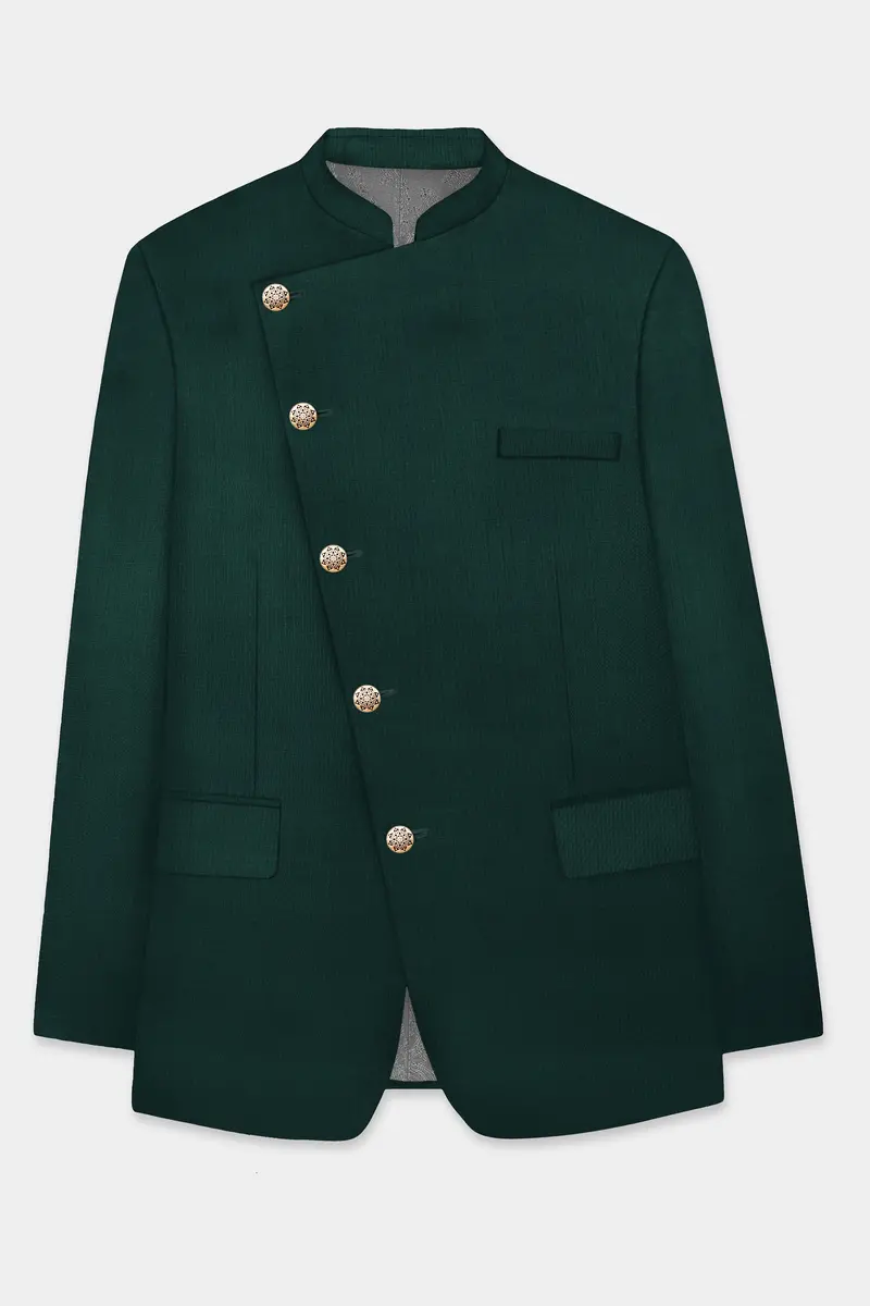 Emerald-Zucchini Green Solid Wool Rich Cross Placket Bandhgala Slight Stretch Blazer 6