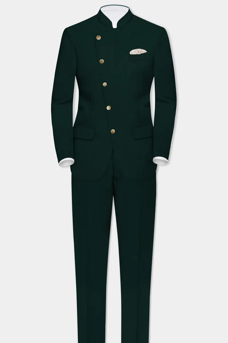 Emerald-Zucchini Green Solid Wool Rich Cross Placket Bandhgala Slight Stretch Blazer 8