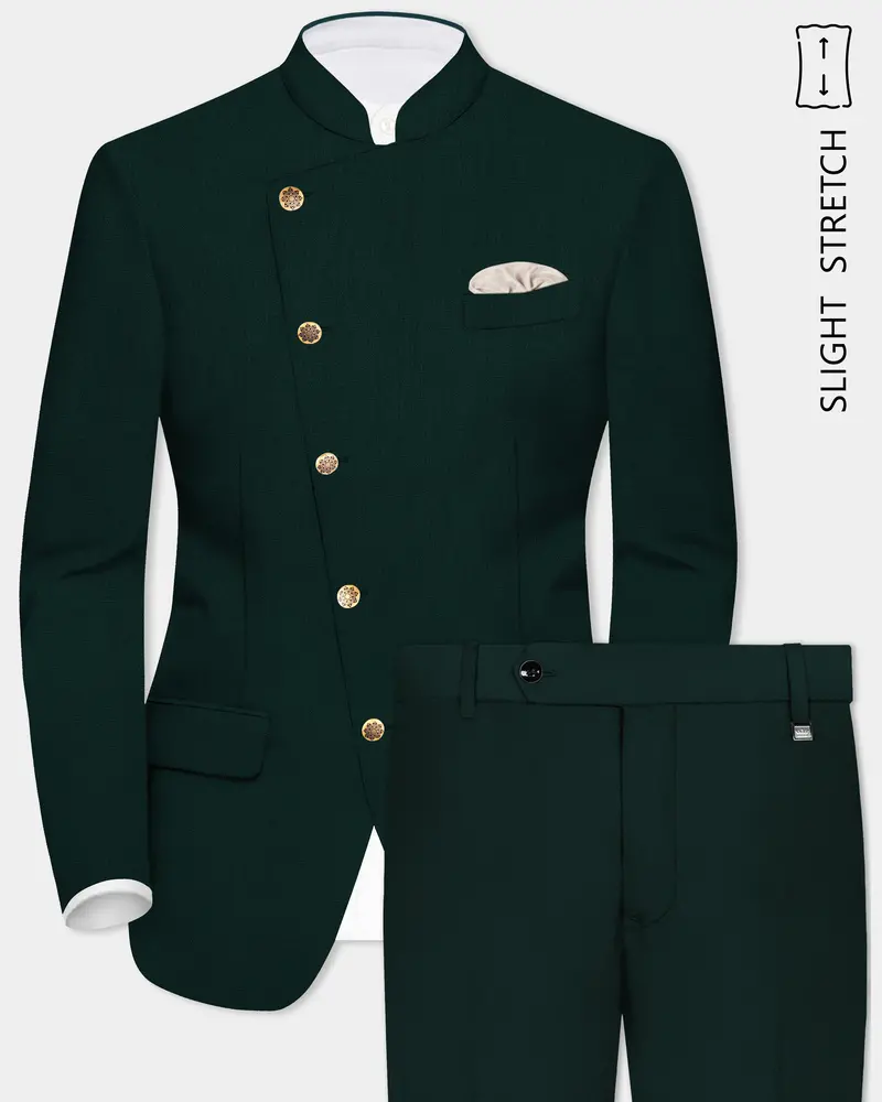 Emerald-Zucchini Green Solid Wool Rich Cross Placket Bandhgala Slight Stretch Suit 1