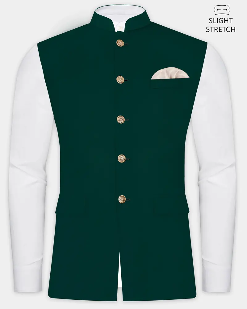 Emerald-Zucchini Green Solid Wool Rich Slight Stretch Nehru Jacket 1