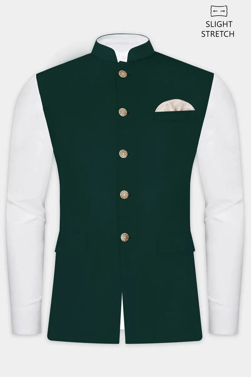Emerald-Zucchini Green Solid Wool Rich Slight Stretch Nehru Jacket 2