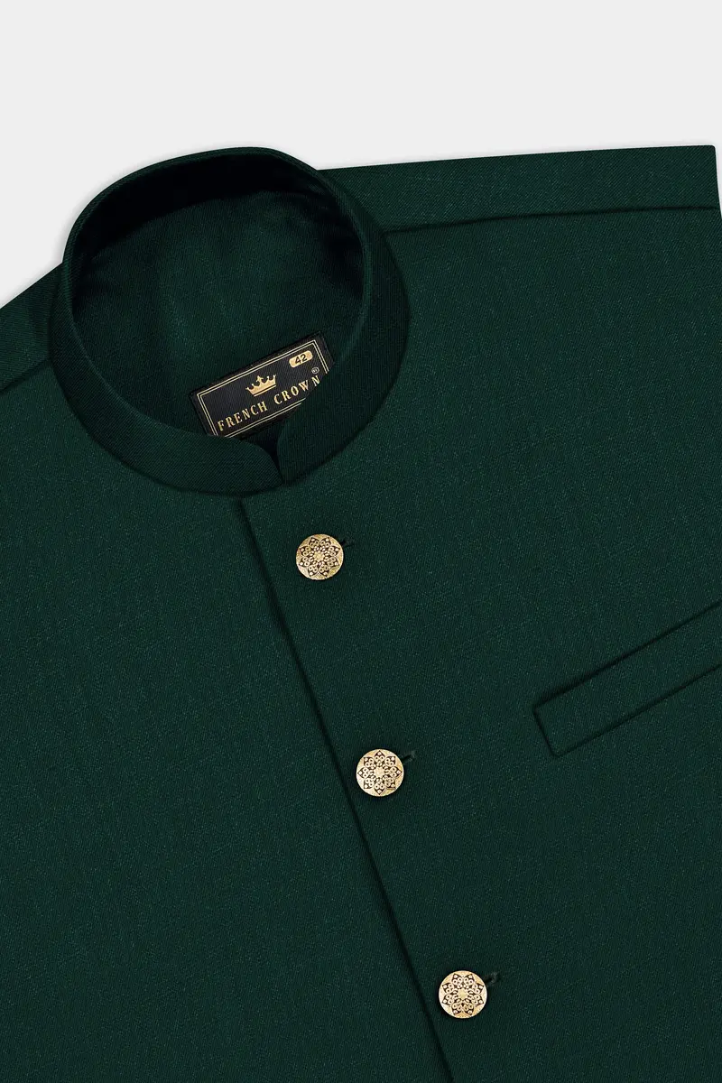 Emerald-Zucchini Green Solid Wool Rich Slight Stretch Nehru Jacket 5