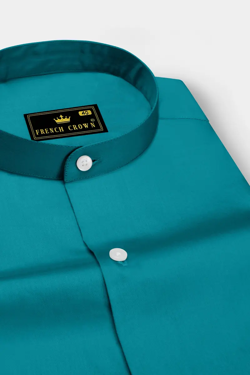 Emeron-Teal Green Subtle Sheen Super Soft Premium Cotton Mandarin Dress Shirt 2