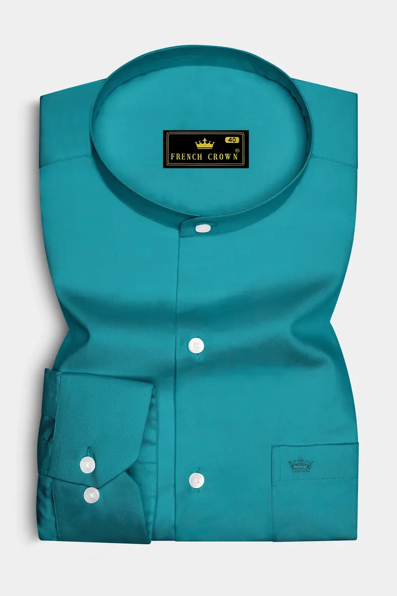 Emeron-Teal Green Subtle Sheen Super Soft Premium Cotton Mandarin Dress Shirt 4