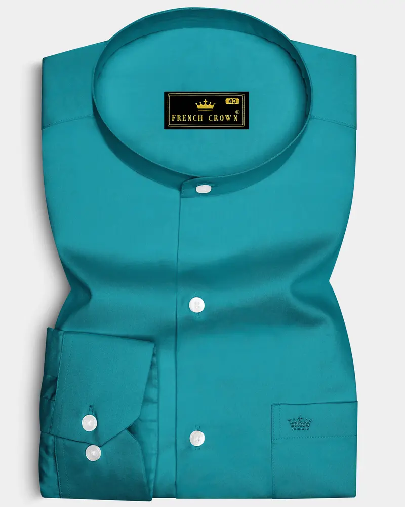 Emeron-Teal Green Subtle Sheen Super Soft Premium Cotton Mandarin Dress Shirt 6