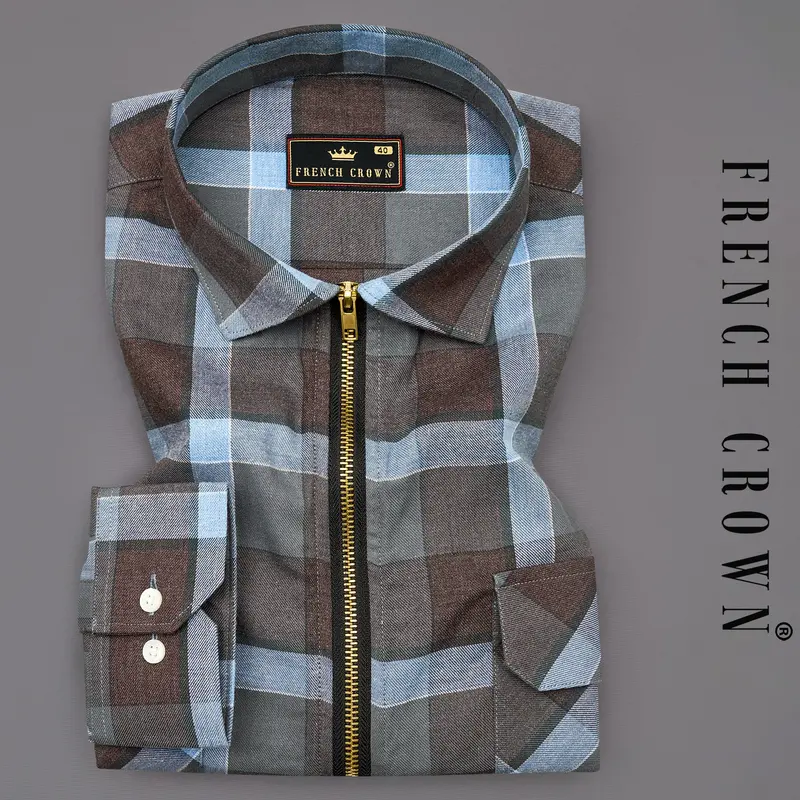 Emperor Brown With Carolina Blue Plaid Royal Oxford Overshirt/Shacket With Zipper Closure 1