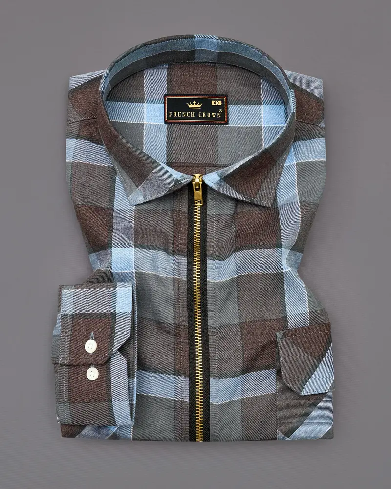 Emperor Brown With Carolina Blue Plaid Royal Oxford Overshirt/Shacket With Zipper Closure 2
