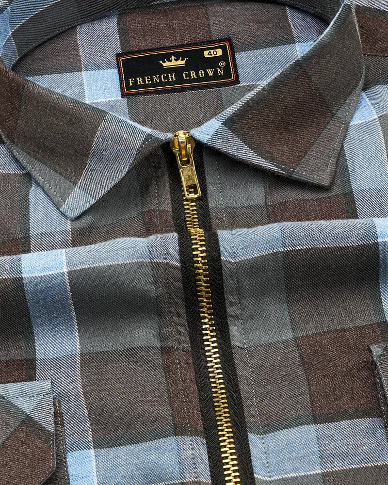 Emperor Brown With Carolina Blue Plaid Royal Oxford Overshirt/Shacket With Zipper Closure 4