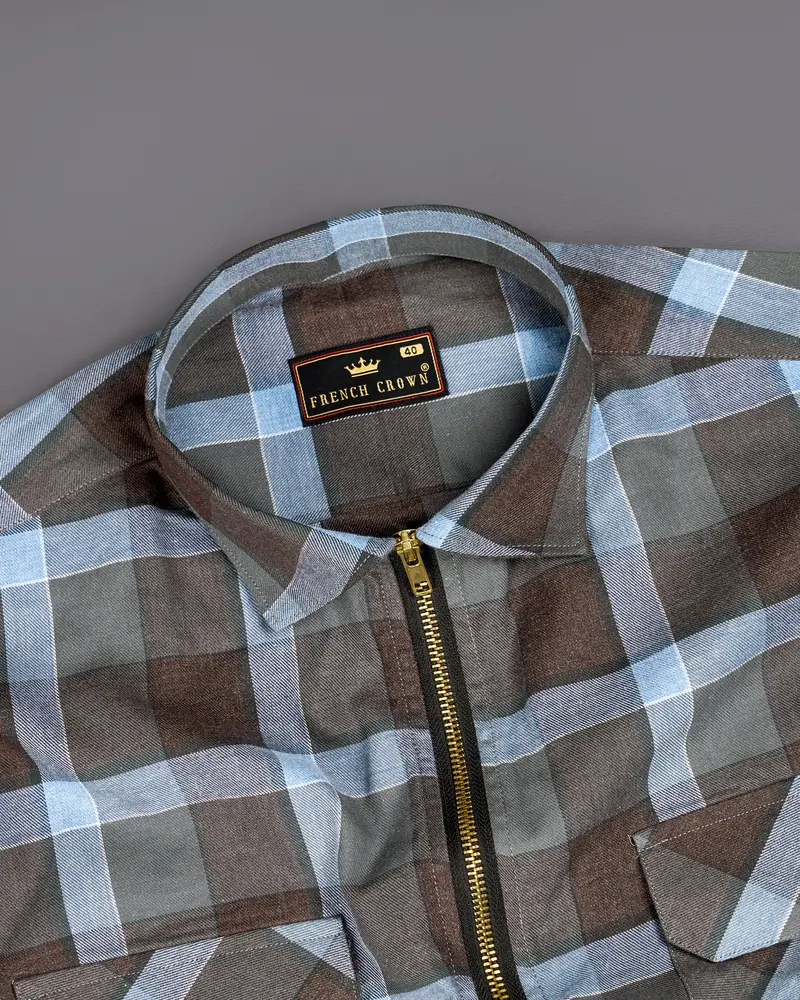 Emperor Brown With Carolina Blue Plaid Royal Oxford Overshirt/Shacket With Zipper Closure 5