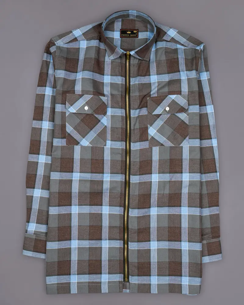 Emperor Brown With Carolina Blue Plaid Royal Oxford Overshirt/Shacket With Zipper Closure 6