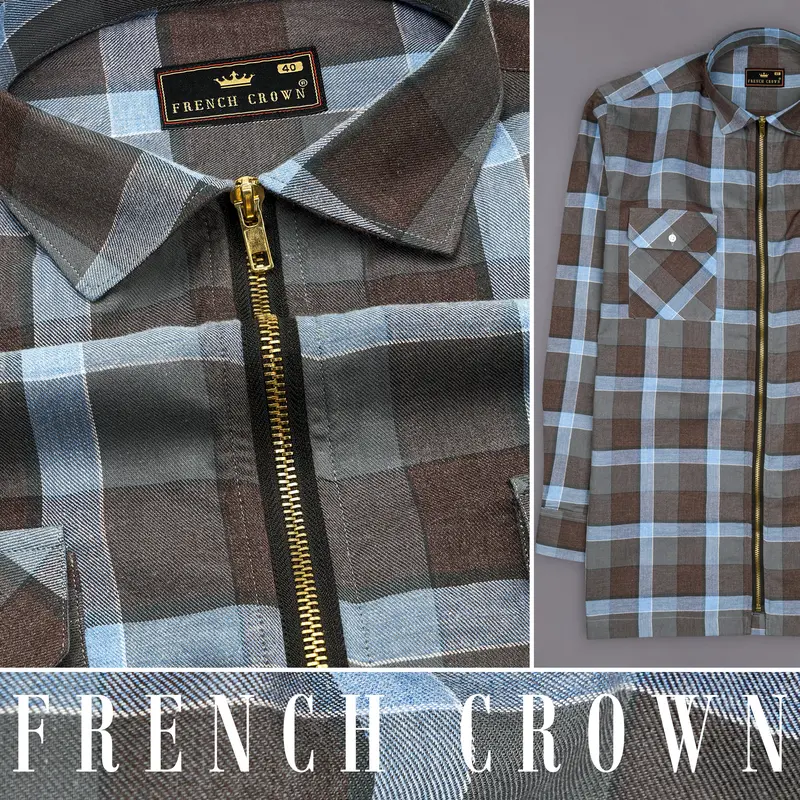 Emperor Brown With Carolina Blue Plaid Royal Oxford Overshirt/Shacket With Zipper Closure 9