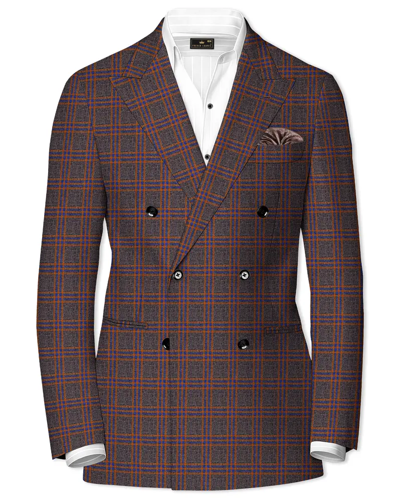 Emperor Gray And Russet Brown Plaid Tweed Double Breasted Blazer 1