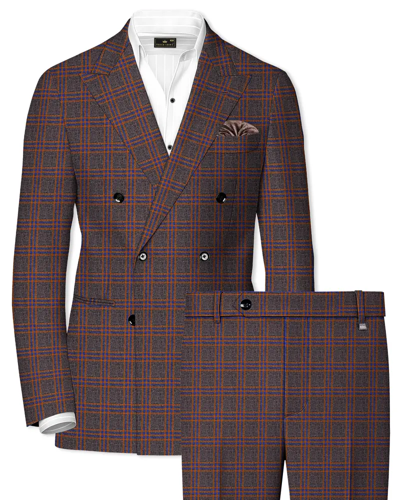 Emperor Gray And Russet Brown Plaid Tweed Double Breasted Suit 1