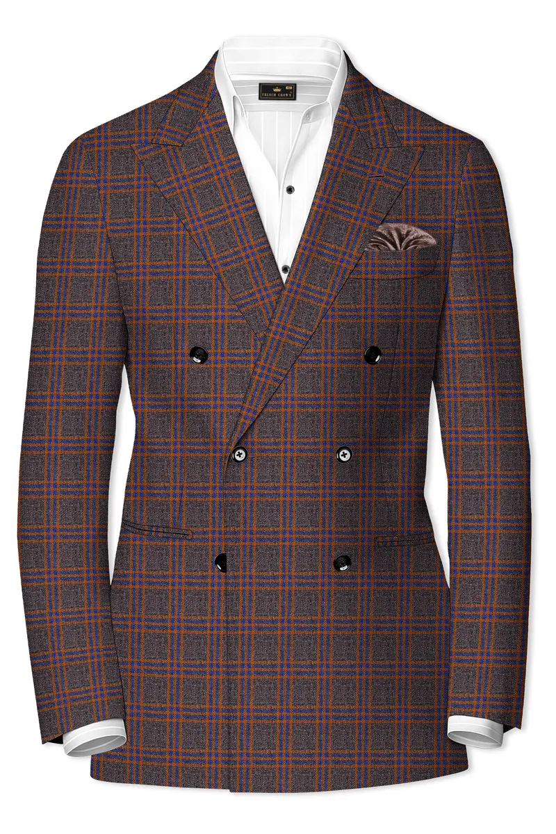 Emperor Gray And Russet Brown Plaid Tweed Double Breasted Suit 10