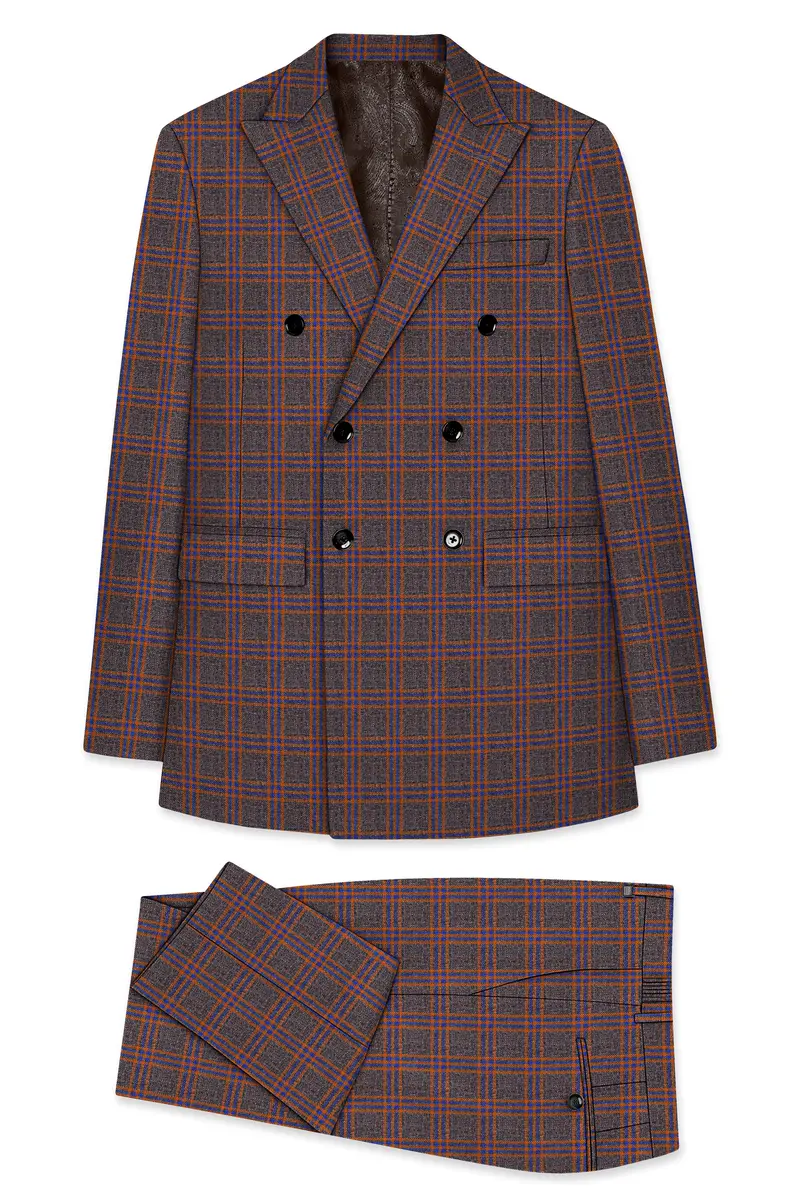 Emperor Gray And Russet Brown Plaid Tweed Double Breasted Suit 11