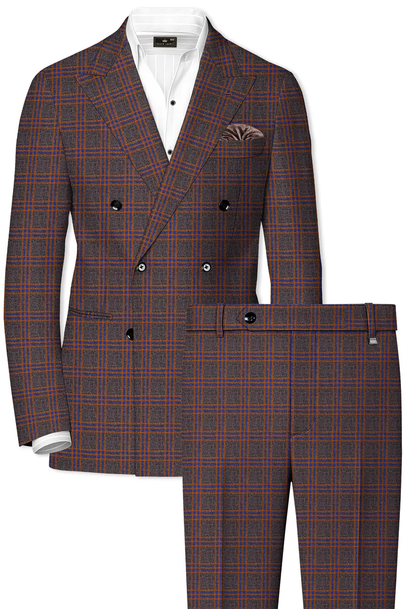 Emperor Gray And Russet Brown Plaid Tweed Double Breasted Suit 2