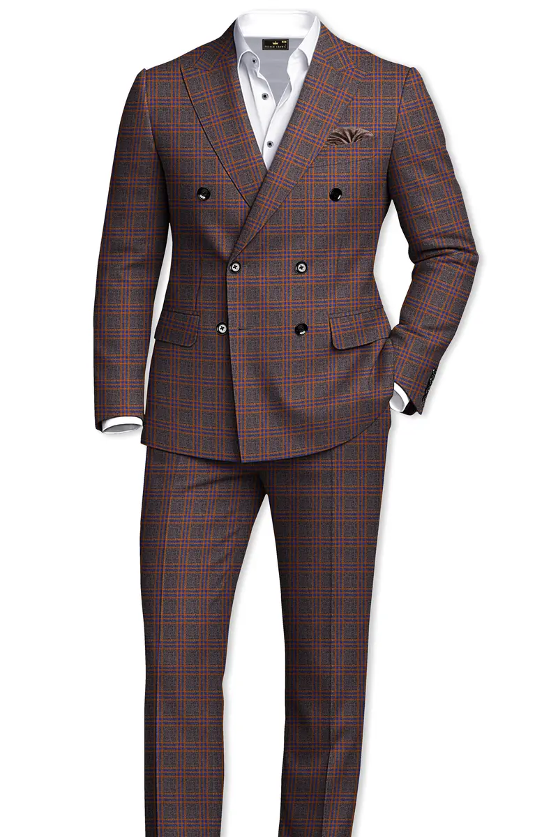 Emperor Gray And Russet Brown Plaid Tweed Double Breasted Suit 4