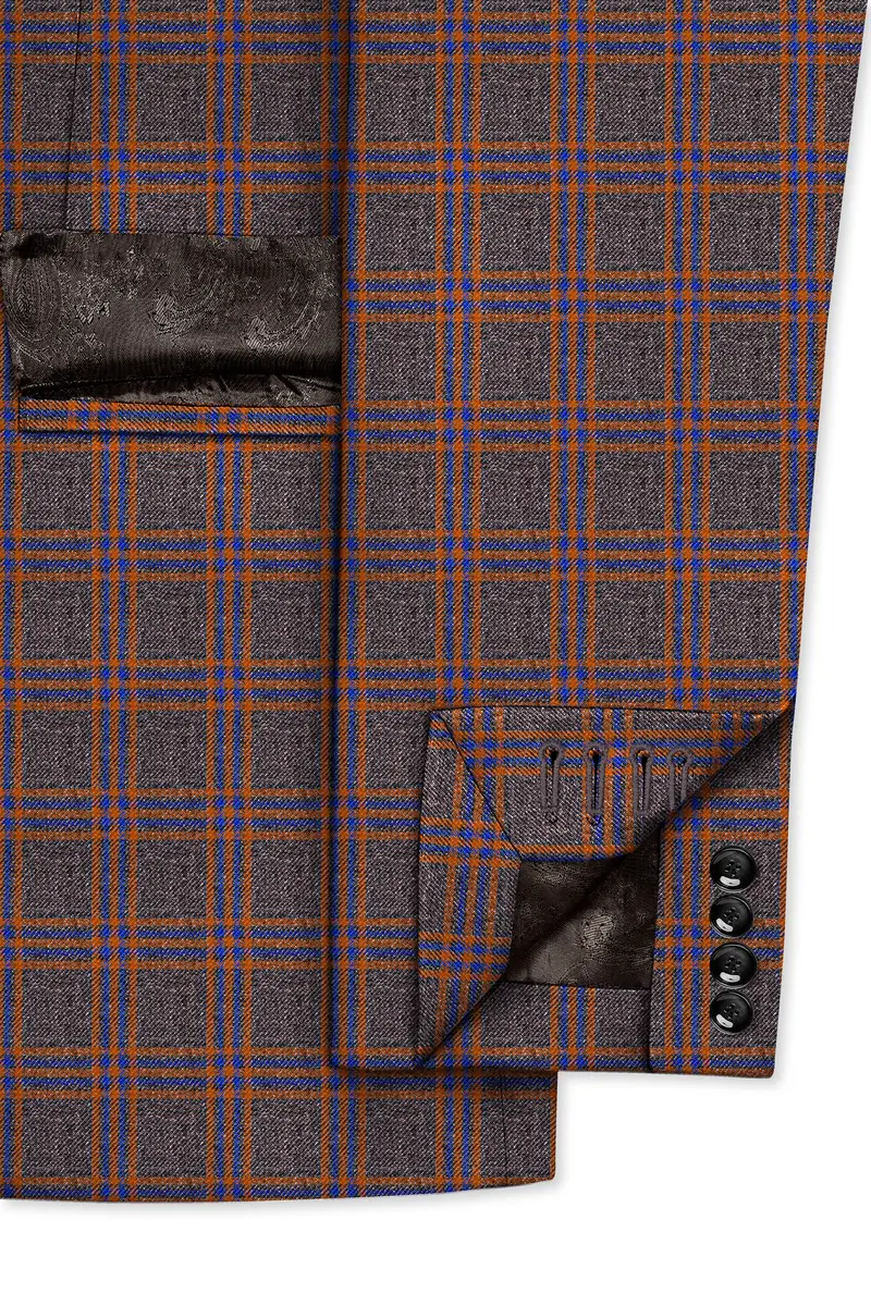 Emperor Gray And Russet Brown Plaid Tweed Double Breasted Suit 7