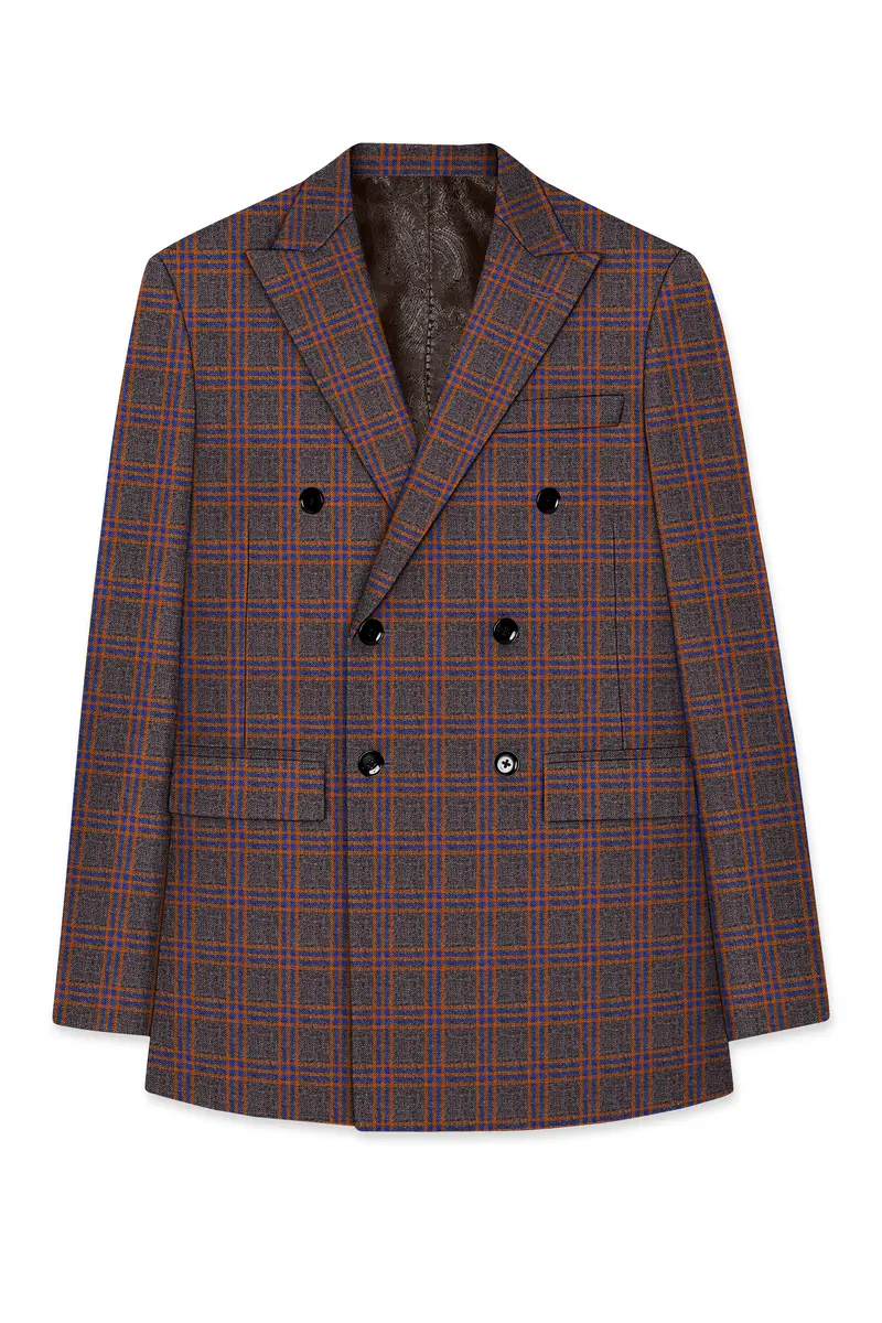 Emperor Gray And Russet Brown Plaid Tweed Double Breasted Suit 8