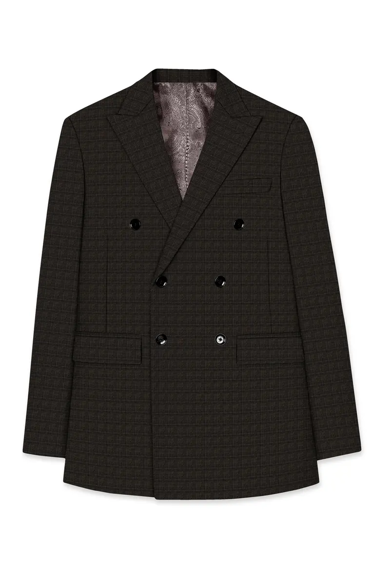 Emperor Gray With Hemlock Dark Brown Checkered Double Breasted Blazer 7