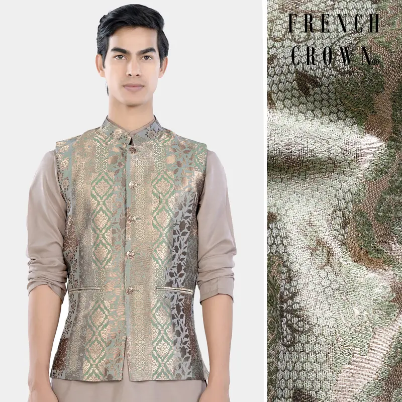 Envy Green And Opium Brown Geometric Jacquard Textured Designer Nehru Jacket 1
