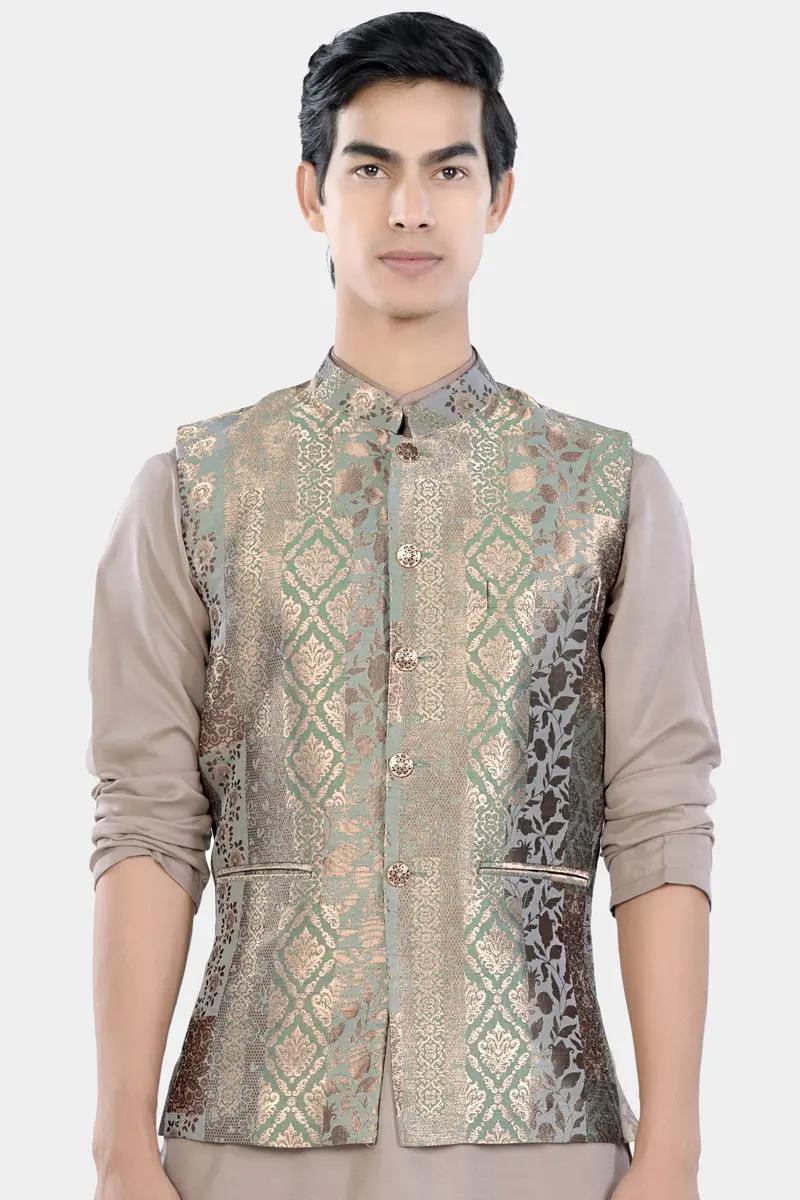 Envy Green And Opium Brown Geometric Jacquard Textured Designer Nehru Jacket 2
